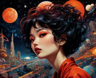 with red hair and black hair in space