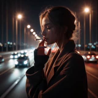 夜晚一个人在吸烟。
