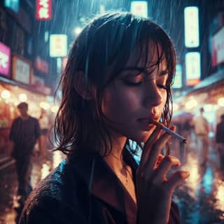 在雨中抽烟。