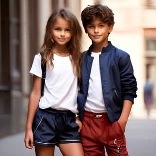 Due bambini che stanno in piedi su una strada di fronte a un edificio.