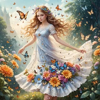 woman with butterflies and flowers
