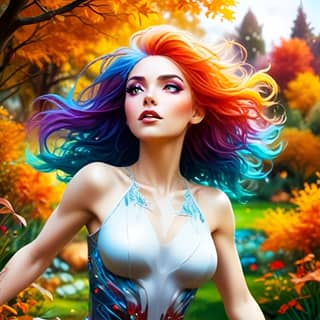 woman with colorful hair in the woods