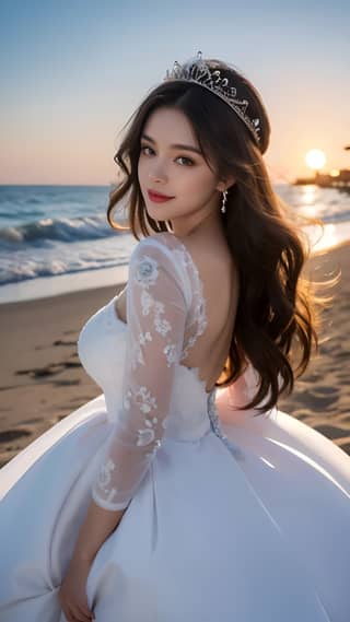 一名女性穿着婚纱在沙滩上。