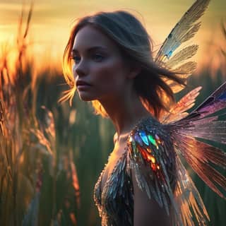 woman with wings standing in a field