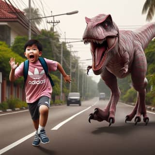 Um menino correndo na frente de um dinossauro.