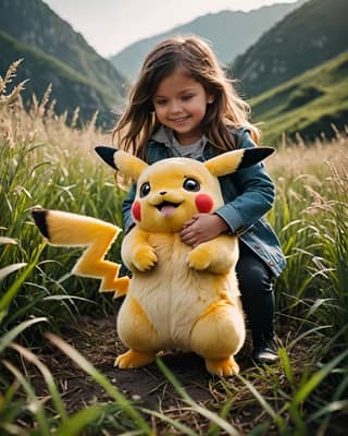 Büyük bir Pikachu peluş hayvan tutan bir kız.