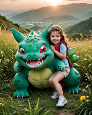 Una niña sentada en un peluche gigante de Pokemon.