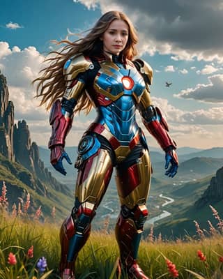 in iron man armor standing in a field