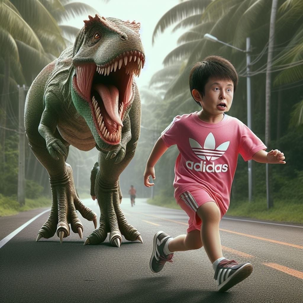 a little boy running next to a dinosaur