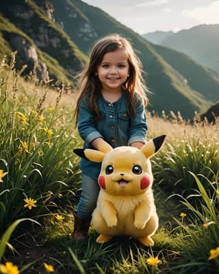 Una niña pequeña sosteniendo un peluche de Pikachu en un campo.