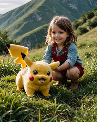 Ein kleines Mädchen, das ein Pikachu-Kuscheltier hält.