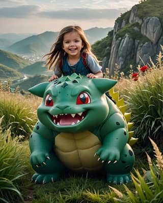 Una bambina che si diverte su un gigantesco giocattolo di Pokemon.