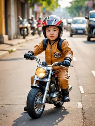 一個穿着棕色皮衣的小孩騎着摩托車。