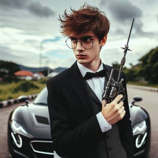 in a tuxedo holding a gun