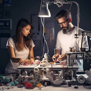 2 creative person- women and man with 3d printer plotter printer and new technology