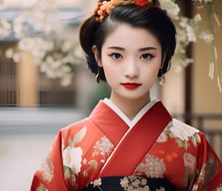 Seorang gadis berusia 25 tahun dari Jepang mengenakan kimono tradisional Jepang.