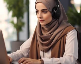 Arab woman in hijab telemarketing agent working in call center Call center agent with headset makinga video call minimalism