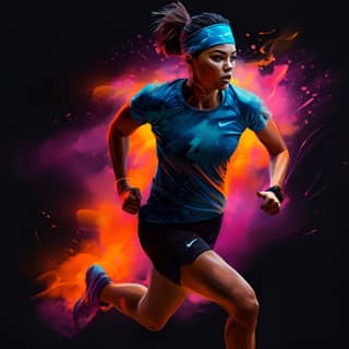 Athlete running blue orange and pink light black background hyper realistic 2