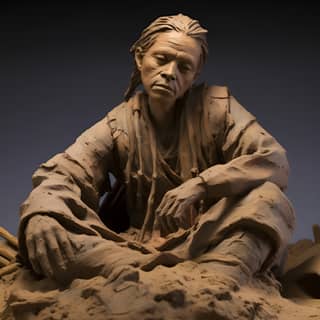 Clay sculpture mud Chinese historical figure Zhang Yu, a sculpture of sitting on the ground