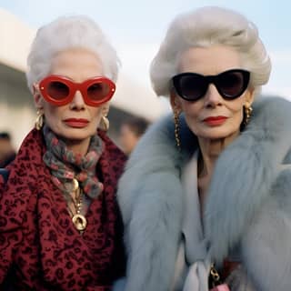 Dos mujeres mayores con gafas de sol y abrigos de piel en la semana de la moda de París.