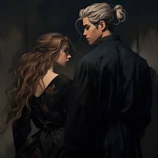 Hermione Granger with her back against the wall Draco Malfoy looming over her black clothing porcelain skin beautiful