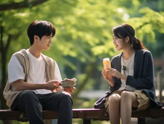 Super realistic a 20-year-old boy and girl are sitting on a bench in the park the girl is eating donuts the boy is handing a