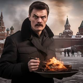 The Kremlin building is burning in the background of eating a snack who is 30 years old with a very cunning stupid face has