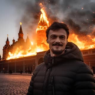 The main building of the Kremlin is burning very strongly on the background of who is holding in his hands any object on