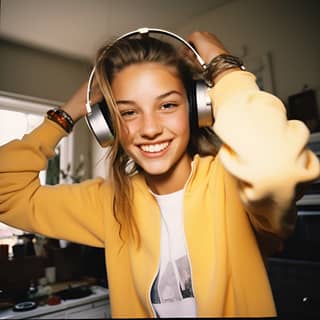 a cheerful 15 year old girl with ponytails and wearing a short sleeved sweatshirt with big headphones on her head and a