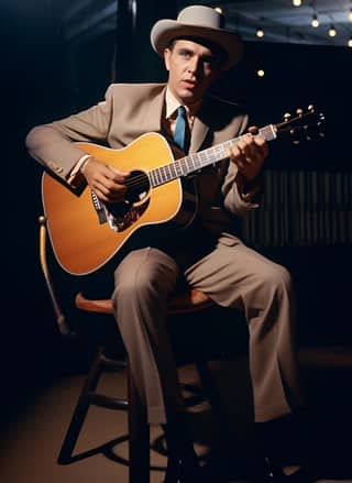 Jimmie Rodgers, con un abito e un cappello country western ricamato con strass, suona una chitarra acustica mentre è seduto su un trono di re.