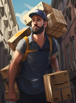 A delivery man carrying lots of Amazon packages He looks tired sweating straining