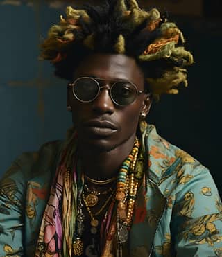 Un homme africain dans la vingtaine avec des dreadlocks, des lunettes de soleil et des accessoires colorés est assis avec défi sur une chaise dans une épicerie, dégageant confiance et style.