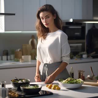 frontal view of at her modern and clean kitchen cooking