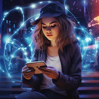 a girl on her phone connecting to wifi super-futuristic connection to wifi with plasma appearance