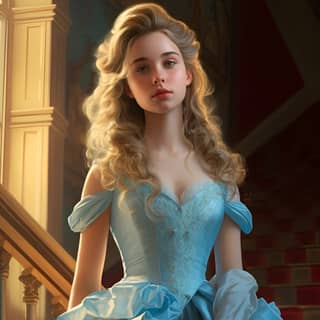 glamour full-body portrait young princess girl elegant castle of royal parents barefoot bright turquoise barbiecore