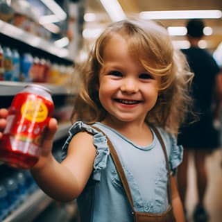 happy girl child holding a tetra juice pack holding her mother's hand grocery store photo realisitic