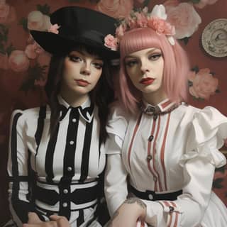 https://s mj run/QoamMwvPm3o feminize it, two women in striped outfits pose for a photo