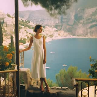 https://s mj run/hw-qDalmoyA from her back in a wine bar in amalfi italy coast 60s vintage looking at the view