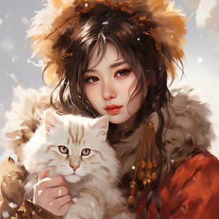 kawaii anime girl with cat ears in snow in the style of qiu shengxian classical portraiture hyperrealistic fantasy xiaofei