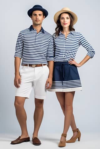 Un uomo e una donna in magliette a righe e pantaloncini, uno con un berretto blu e l'altro con un cappello intrecciato, isolati su sfondo bianco, interi senza tagliare.