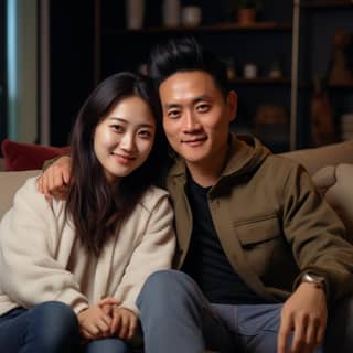 mongolian thick couple age of 35 years old wearing casual clothes sweater sitting in sofa uhd modern home 2