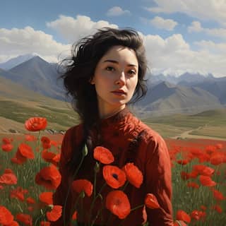 Seorang wanita mengenakan gaun merah berdiri di ladang poppy dengan gunung sebagai latar belakang di Kazakhstan.