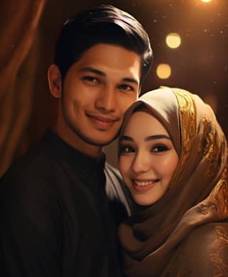 Seorang pasangan dalam pakaian pengantin Muslim.