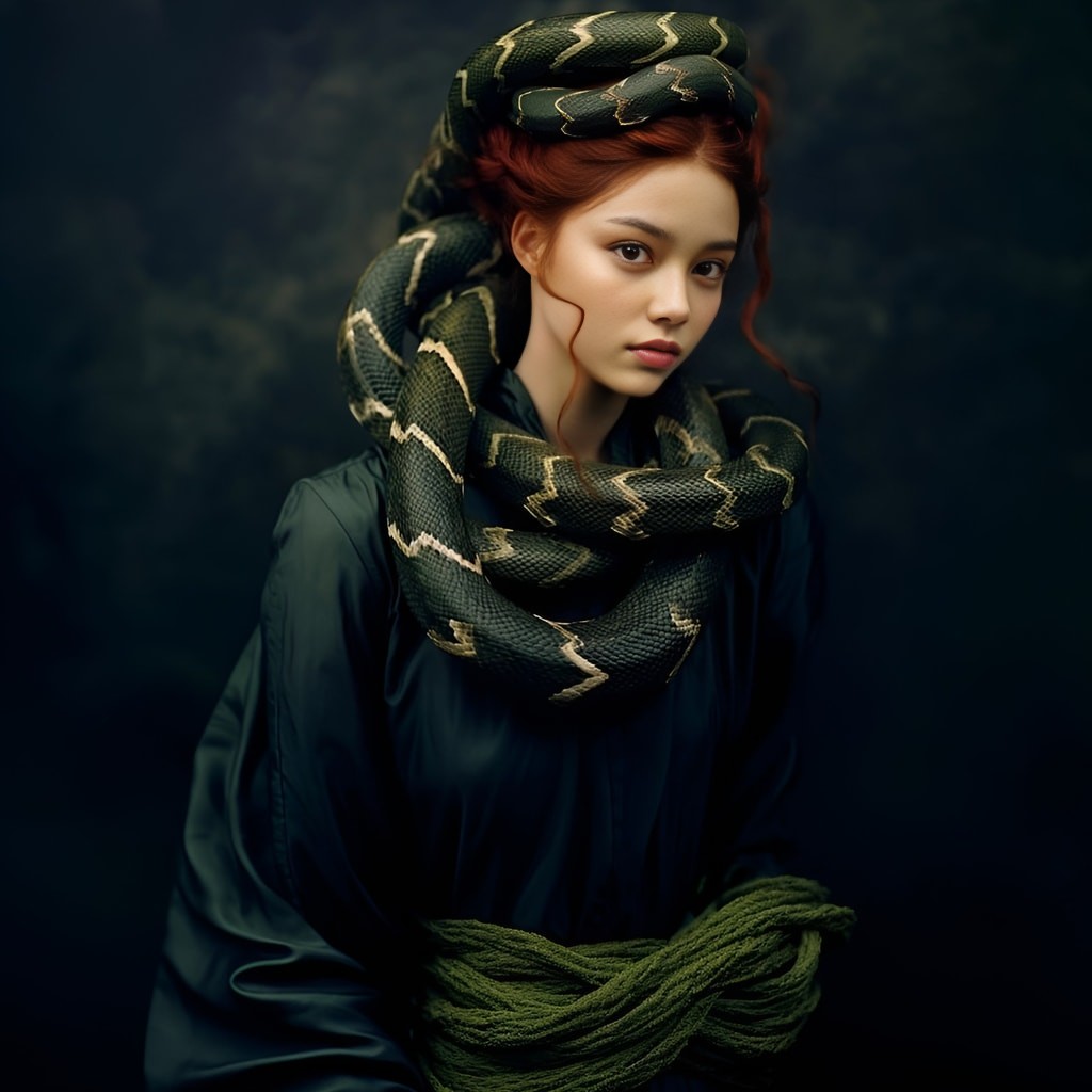 redhead woman with a snake on her head and body annie Leibovitz photography style