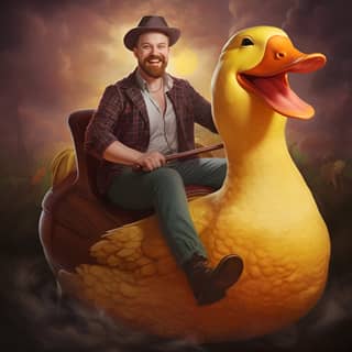 a smiling man riding a giant duck, is riding a duck in a painting