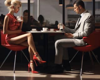 two people talking male and female female wears high heels in a cafe low cantrast photo