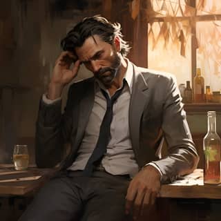 Der deprimierte Max Payne mit ungekämmten Haaren und Gesichtshaaren sitzt an einem Tisch mit einer Flasche Wein und trinkt Whiskey, im Hintergrund ist San Paolo zu sehen.