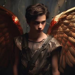 young boy Icarus with wings standing and looking back through his shoulder