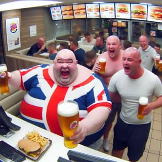 Un grupo de hombres con uniformes británicos sosteniendo cervezas.