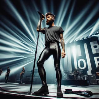 Indossando pantaloni in pelle nera e una camicia mentre sul palco.